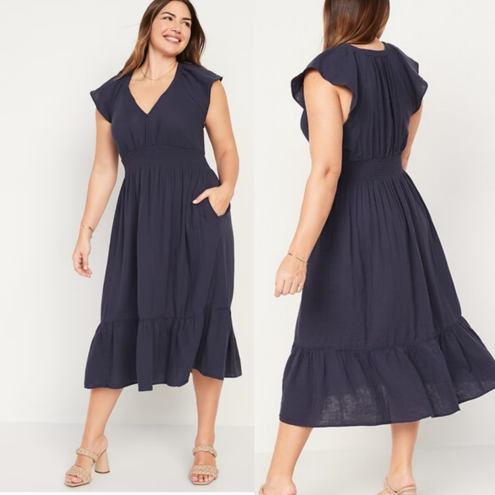 Old Navy Waist Defined Flutter Sleeve Smocked Waist Midi Dress In Navy Size 3X